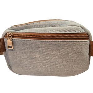 Madison West Light Wash Denim Belt Bag Fanny Pack Brown Strap Gold Hardware